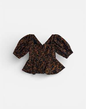 Autumn Adeigbo Leopard Print Jacquard Puff-Sleeve Peplum Top Size 2